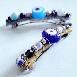 Recycled Denim Evil Eye Hair Barrette, Sustainable Gift for Her, Blue Hair Clip